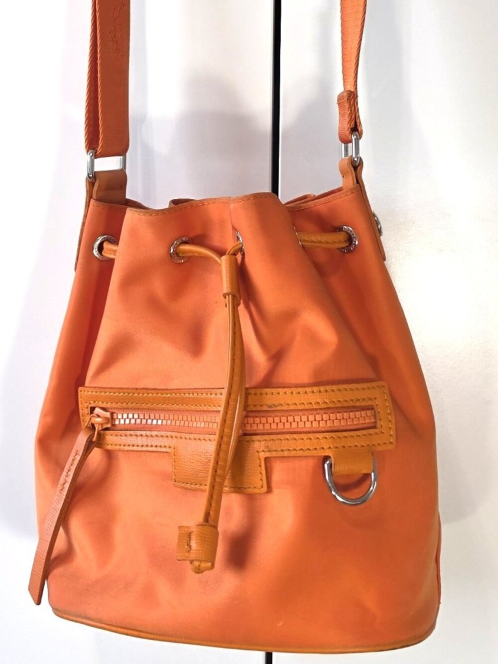 Longchamp Paris Orange Nylon Leather Bucket Shoulder Bag Drawstring Y2K
